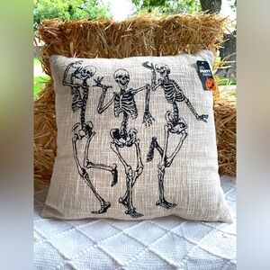 Halloween Decor 18”x18” Pillow Funny Dancing Skeletons Tan- NWT
